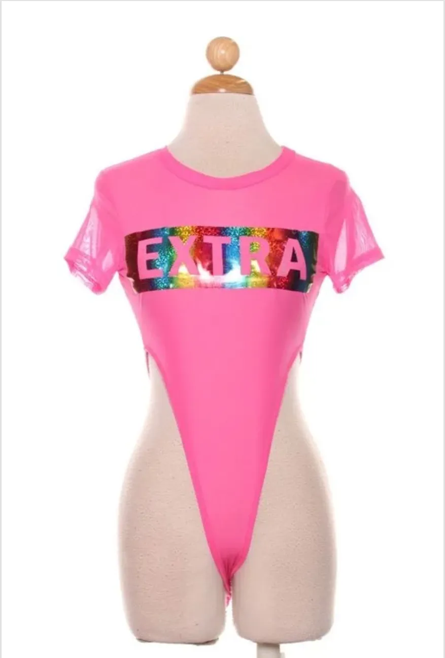 Extra High Cut Neon Pink Short Sleeve Bodysuit