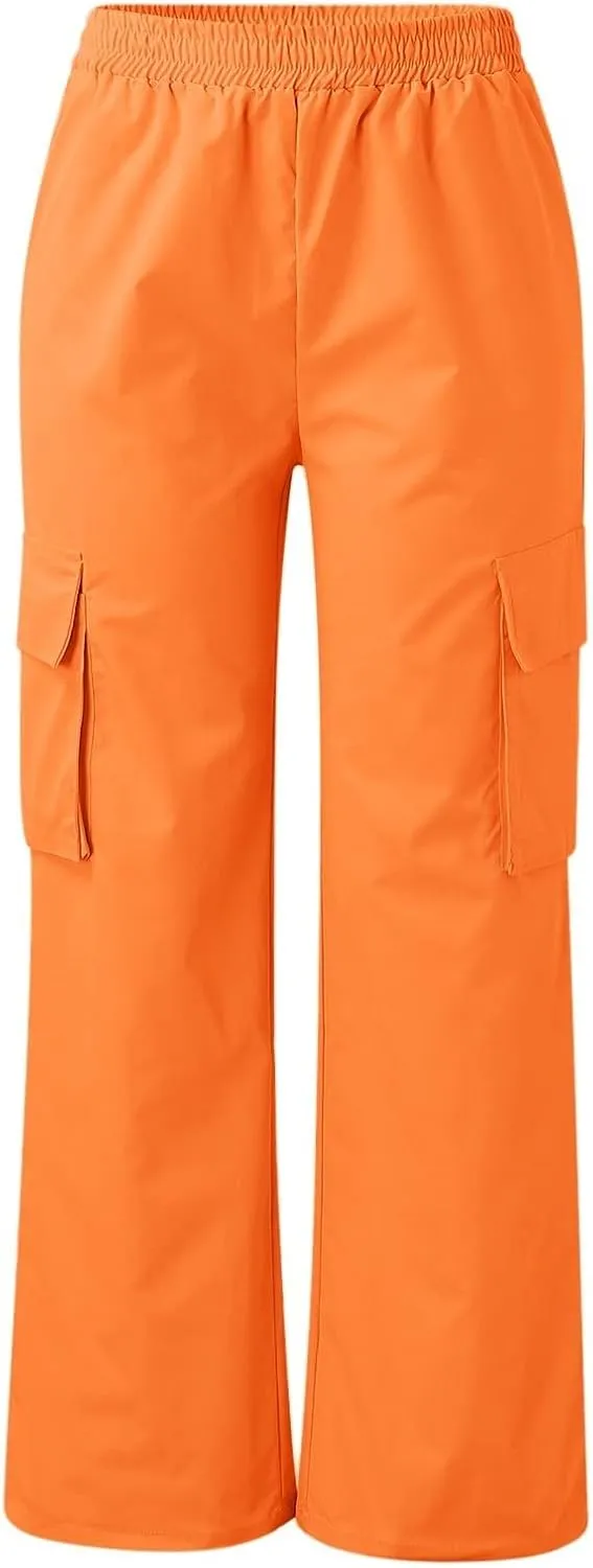 fanmpghleoo Cargo Pants Women Baggy High Waisted Wide Leg Pants Casual Elastic Waist Pull On Carpenter Pants with Pockets