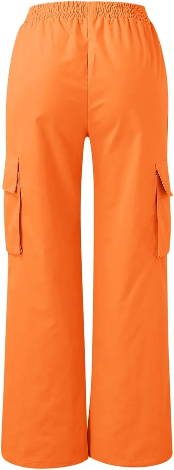 fanmpghleoo Cargo Pants Women Baggy High Waisted Wide Leg Pants Casual Elastic Waist Pull On Carpenter Pants with Pockets
