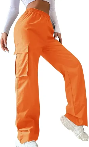 fanmpghleoo Cargo Pants Women Baggy High Waisted Wide Leg Pants Casual Elastic Waist Pull On Carpenter Pants with Pockets