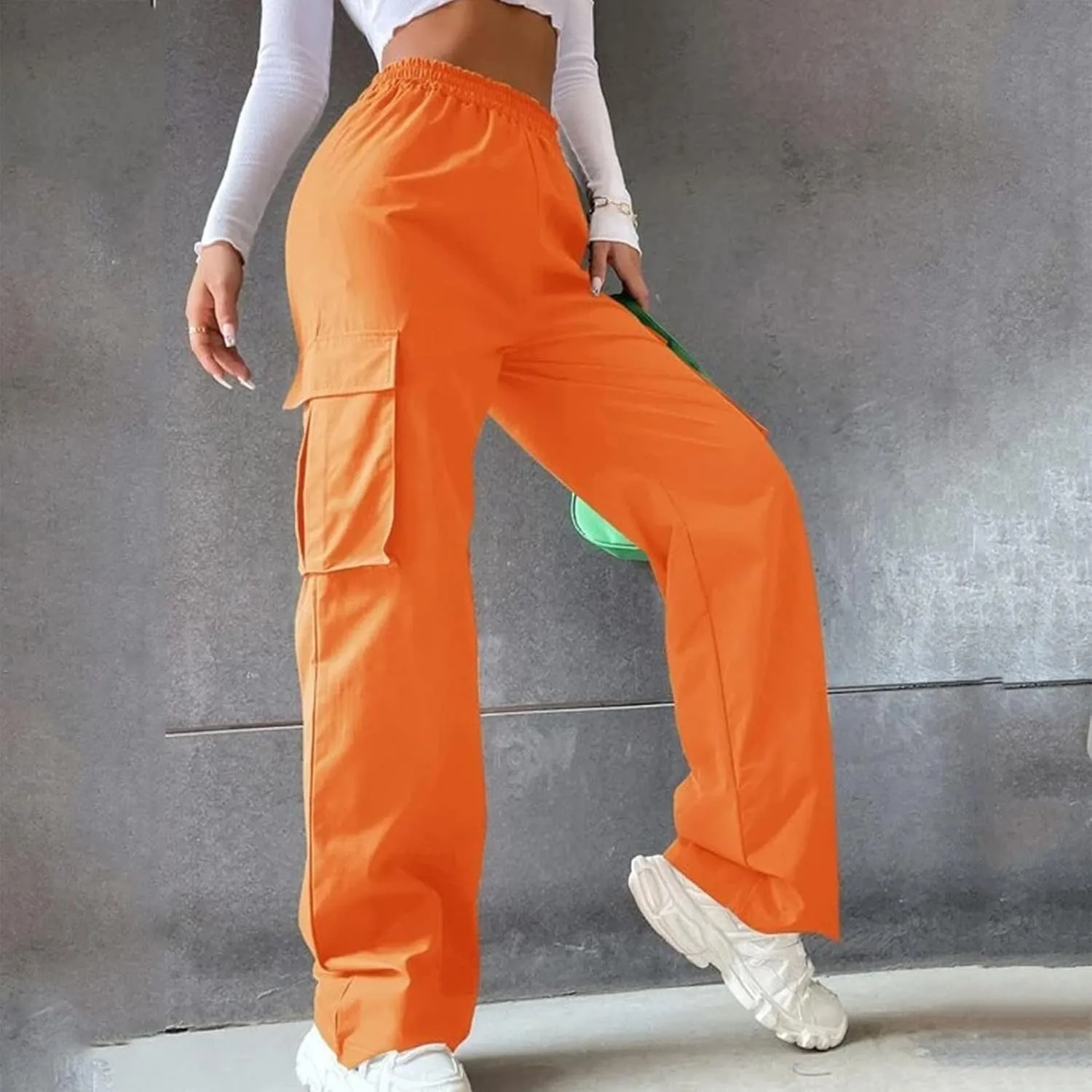 fanmpghleoo Cargo Pants Women Baggy High Waisted Wide Leg Pants Casual Elastic Waist Pull On Carpenter Pants with Pockets