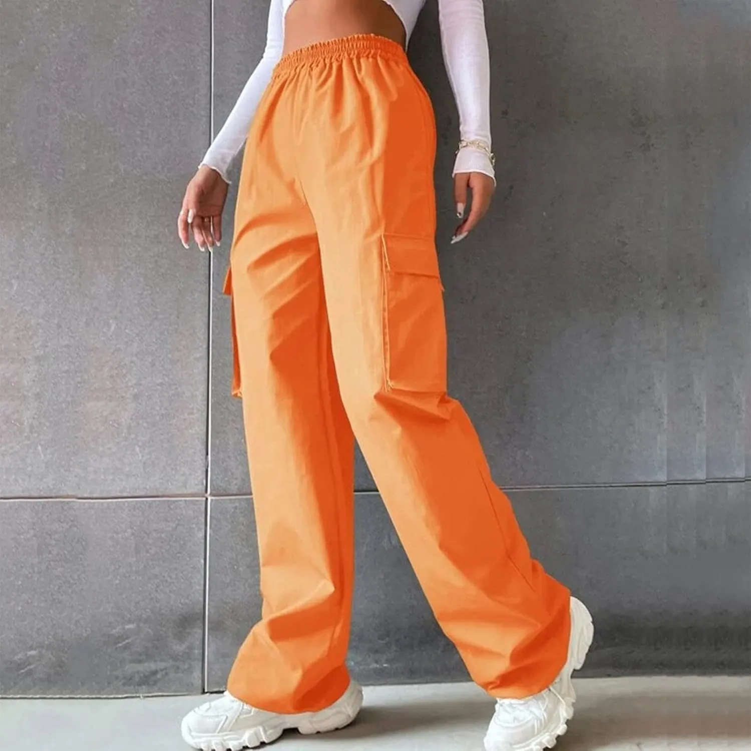 fanmpghleoo Cargo Pants Women Baggy High Waisted Wide Leg Pants Casual Elastic Waist Pull On Carpenter Pants with Pockets