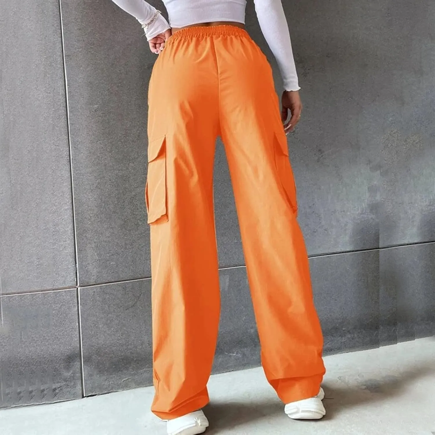 fanmpghleoo Cargo Pants Women Baggy High Waisted Wide Leg Pants Casual Elastic Waist Pull On Carpenter Pants with Pockets