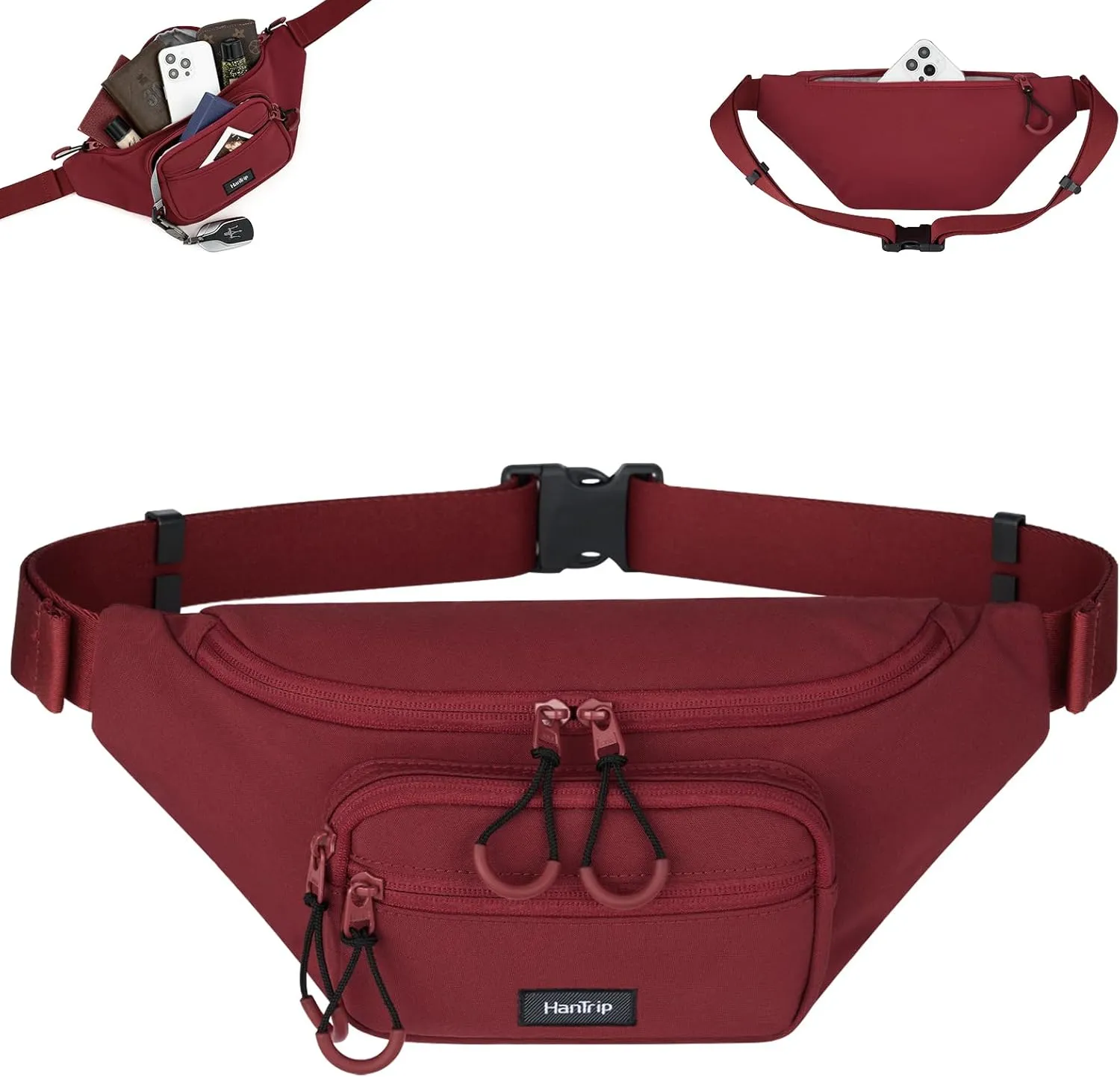 Fanny Packs for Women Men, Small Travel Fanny Pack Lightweight Crossbody Waist Bag Large Capacity, Water Resistant Belt Bags with Adjustable Strap for Hiking, Cycling (Burgundy)