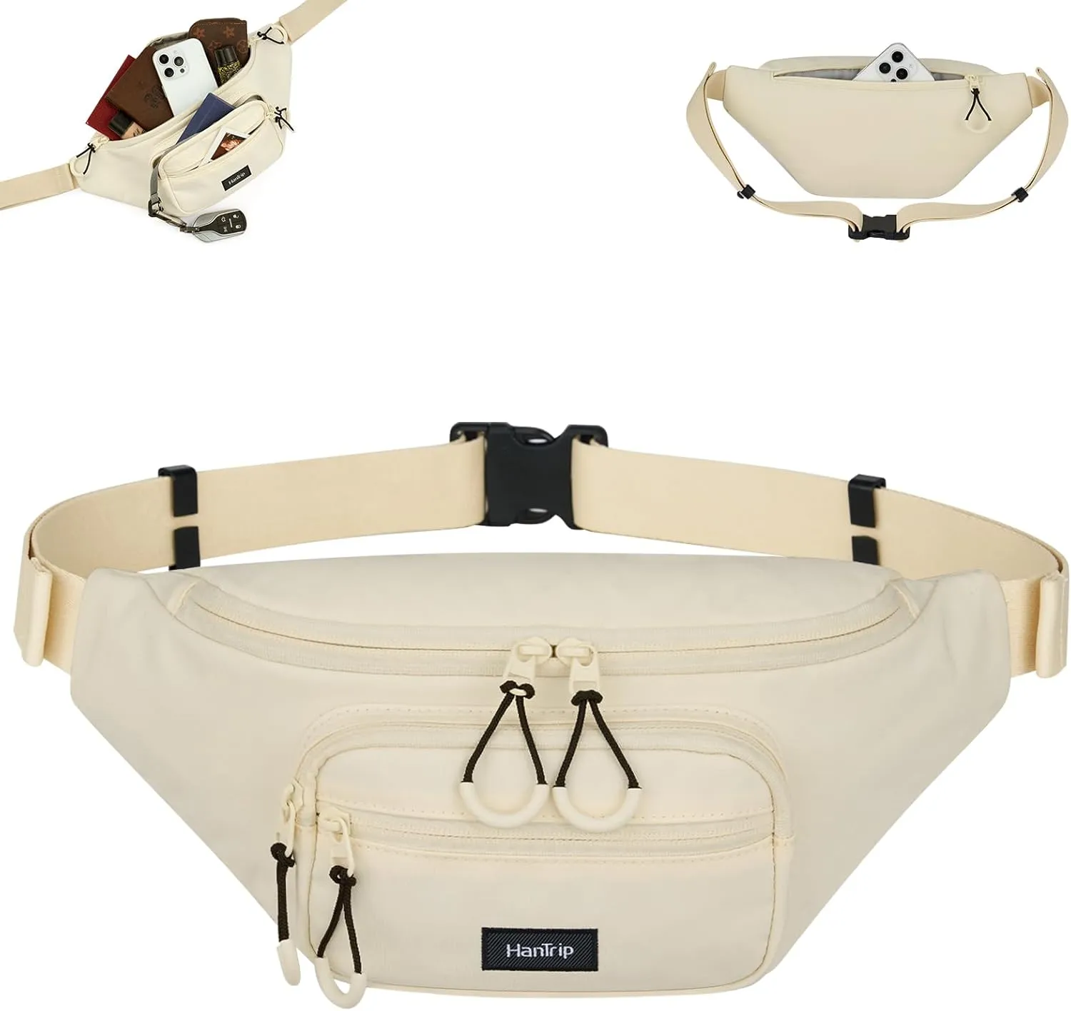 Fanny Packs for Women Men, Small Travel Fanny Pack Lightweight Crossbody Waist Bag Large Capacity, Water Resistant Belt Bags with Adjustable Strap for Hiking, Cycling (Offwhite)