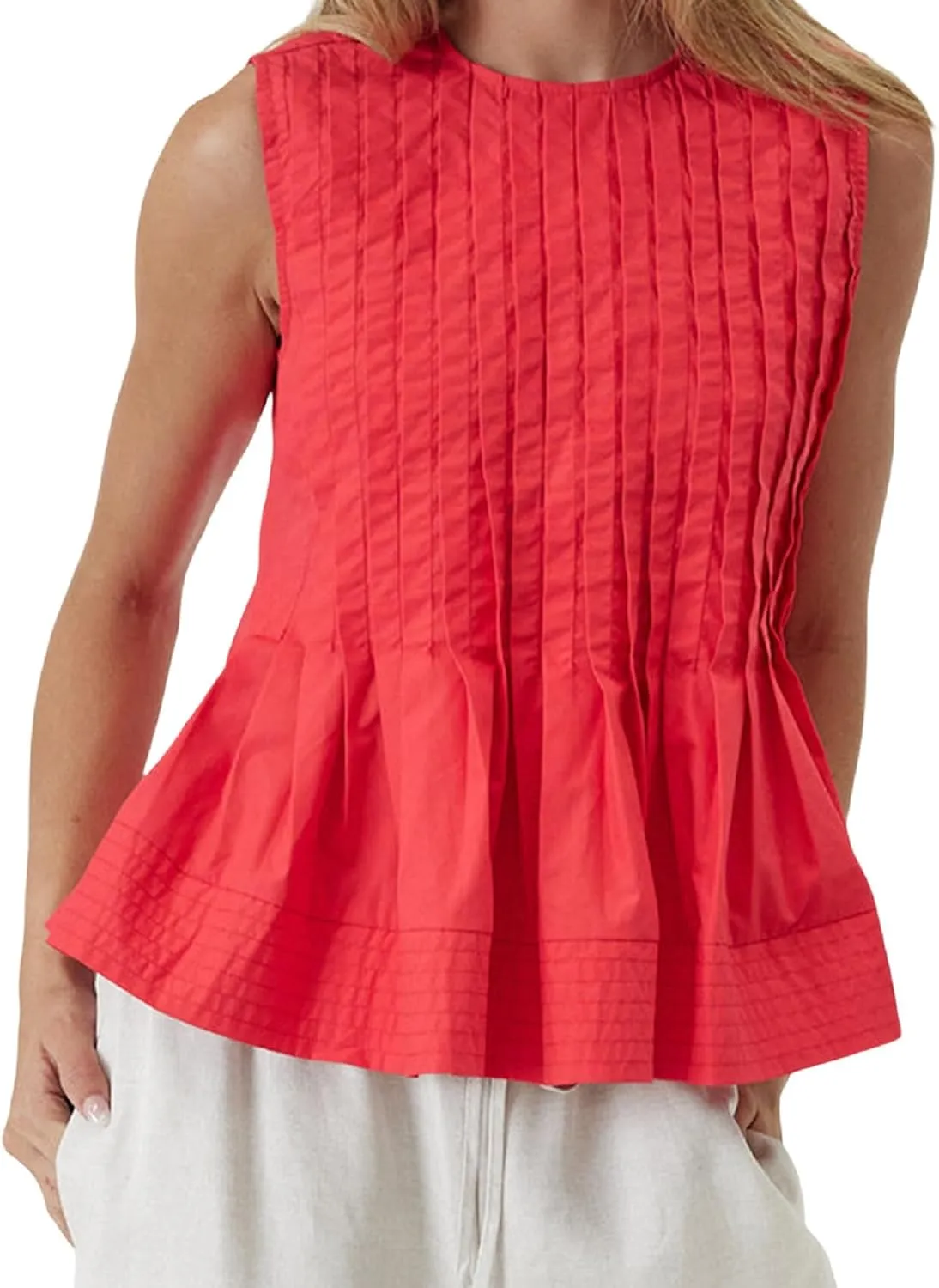 Faretumiya Women Pleated Babydoll Tank Top Linen Sleeveless Peplum Blouse Y2k Ruffle Shirt Summer Vest Going Out