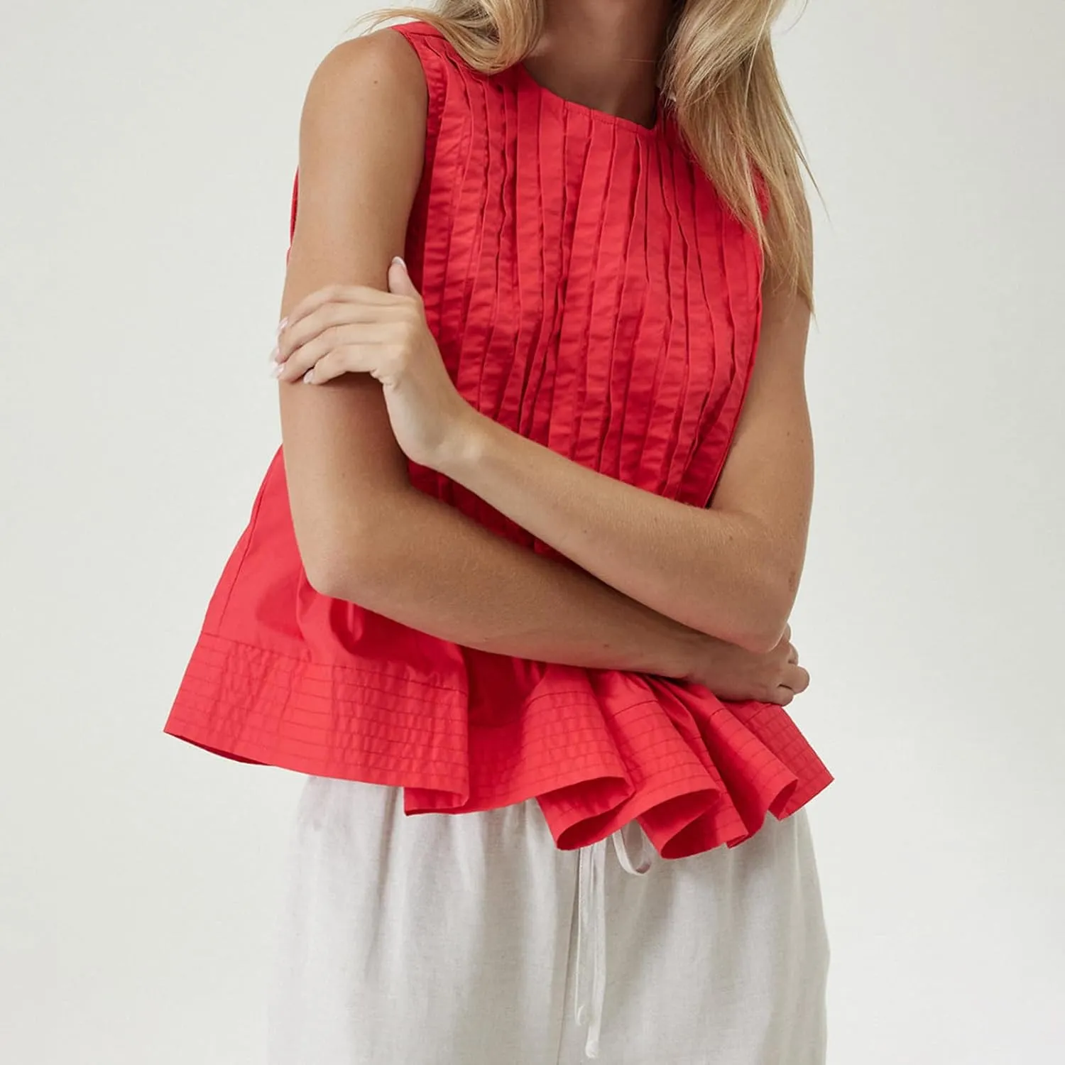 Faretumiya Women Pleated Babydoll Tank Top Linen Sleeveless Peplum Blouse Y2k Ruffle Shirt Summer Vest Going Out
