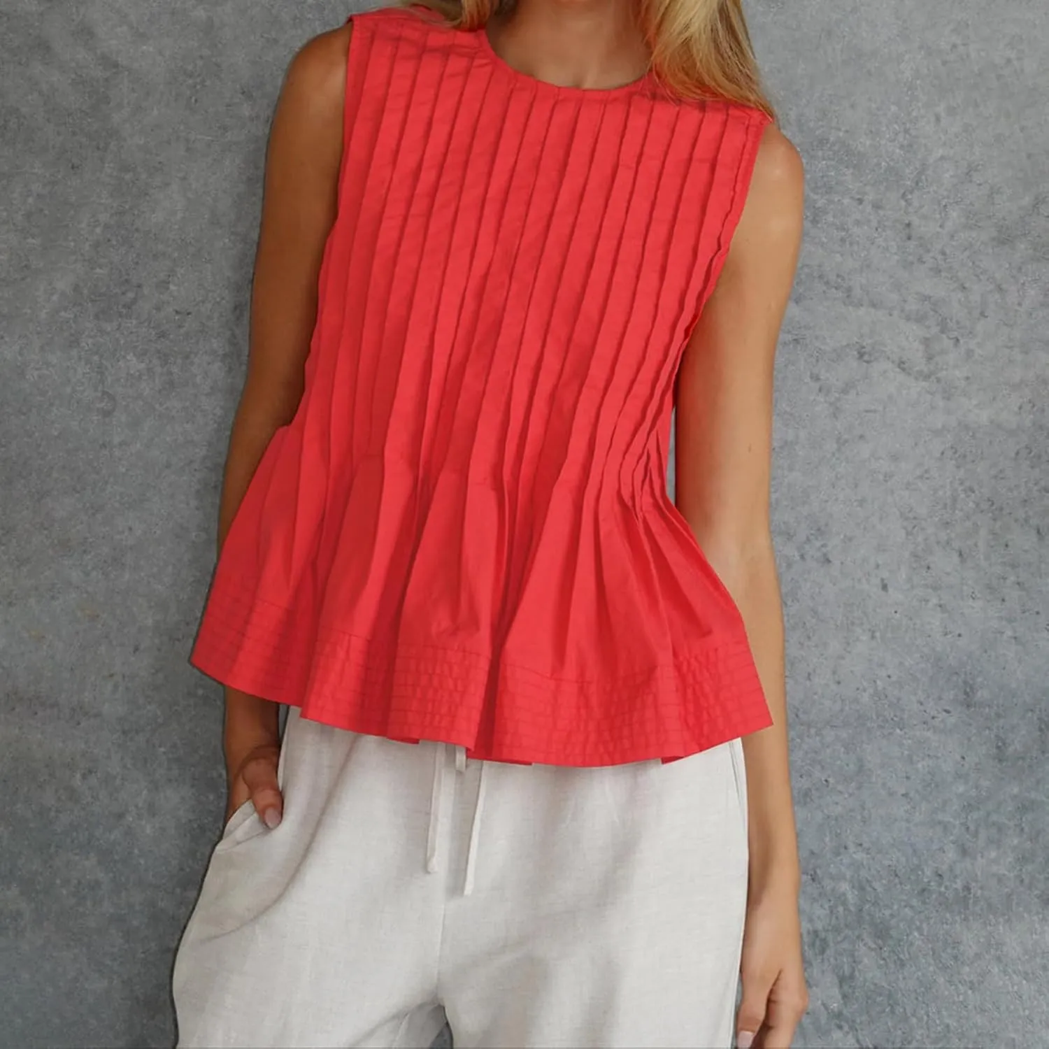 Faretumiya Women Pleated Babydoll Tank Top Linen Sleeveless Peplum Blouse Y2k Ruffle Shirt Summer Vest Going Out