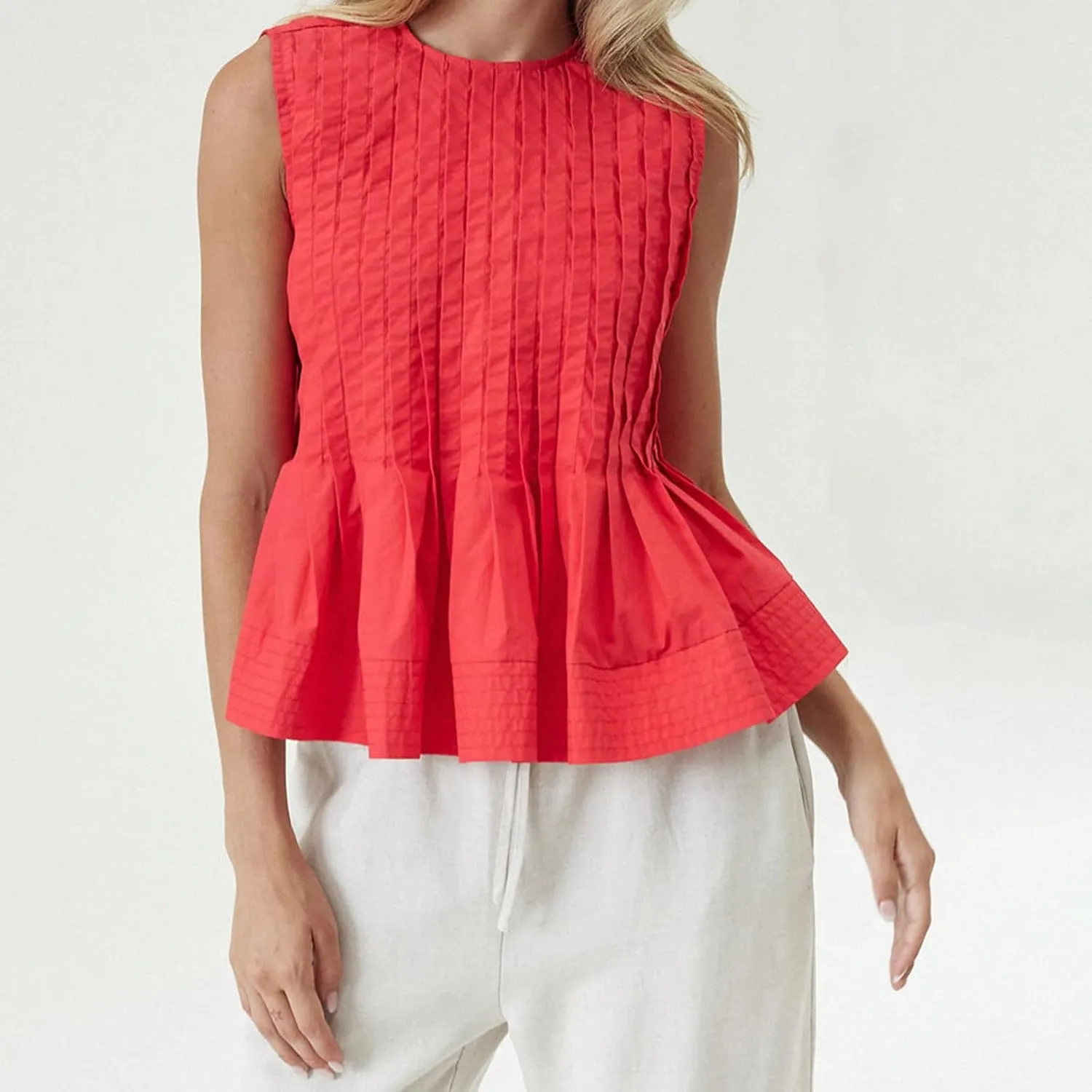 Faretumiya Women Pleated Babydoll Tank Top Linen Sleeveless Peplum Blouse Y2k Ruffle Shirt Summer Vest Going Out