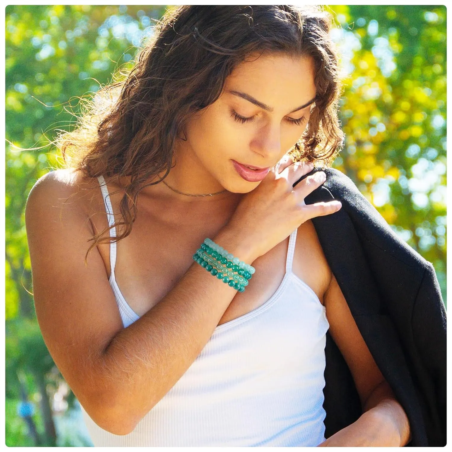 FASHEWELRY 6Pcs 8mm Elastic Crystal Beads Stretch Bracelet Green Frosted Transparent Handmade Bracelets Beaded Friendship Bracelets for Women, Friend Birthday Gift
