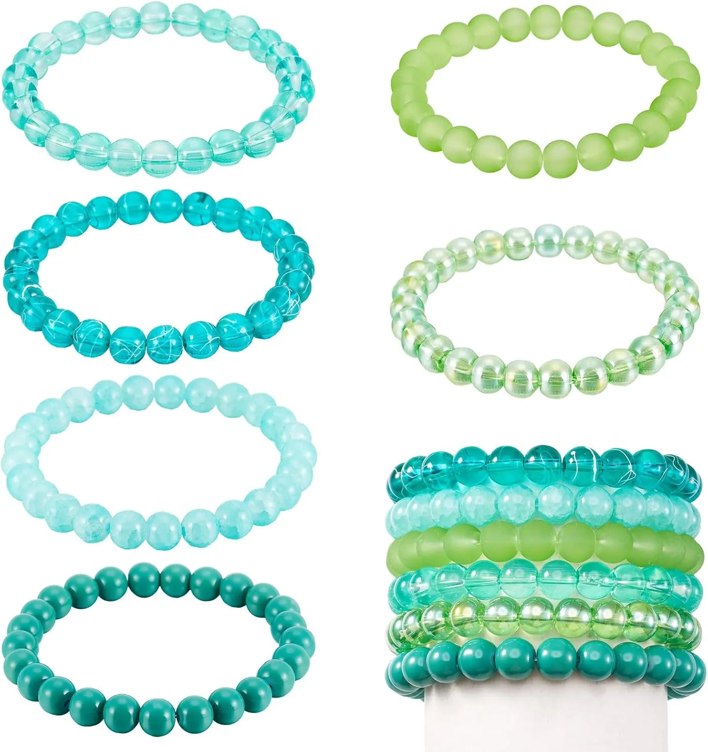 FASHEWELRY 6Pcs 8mm Elastic Crystal Beads Stretch Bracelet Green Frosted Transparent Handmade Bracelets Beaded Friendship Bracelets for Women, Friend Birthday Gift