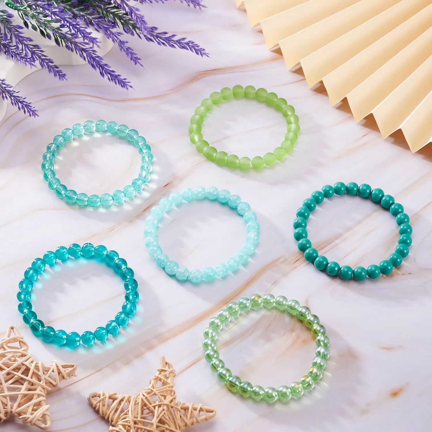 FASHEWELRY 6Pcs 8mm Elastic Crystal Beads Stretch Bracelet Green Frosted Transparent Handmade Bracelets Beaded Friendship Bracelets for Women, Friend Birthday Gift