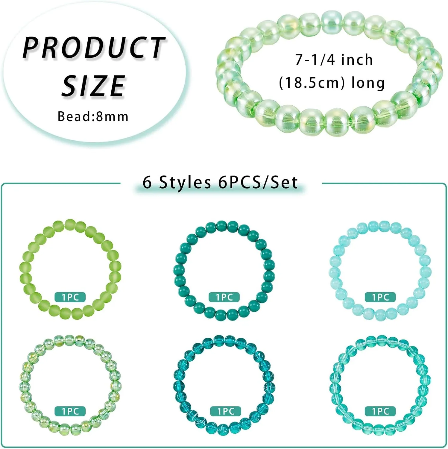 FASHEWELRY 6Pcs 8mm Elastic Crystal Beads Stretch Bracelet Green Frosted Transparent Handmade Bracelets Beaded Friendship Bracelets for Women, Friend Birthday Gift