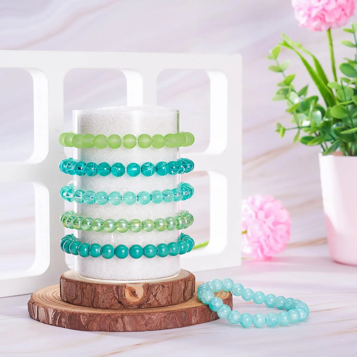 FASHEWELRY 6Pcs 8mm Elastic Crystal Beads Stretch Bracelet Green Frosted Transparent Handmade Bracelets Beaded Friendship Bracelets for Women, Friend Birthday Gift