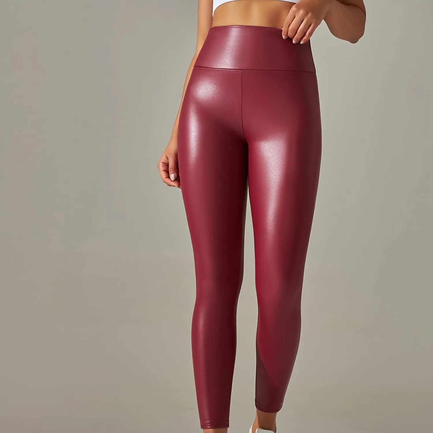 Faux Leather Leggings for Women Plus Size High Waist Pleather Pants Casual Slim Fit Elastic Waist Tights Trousers