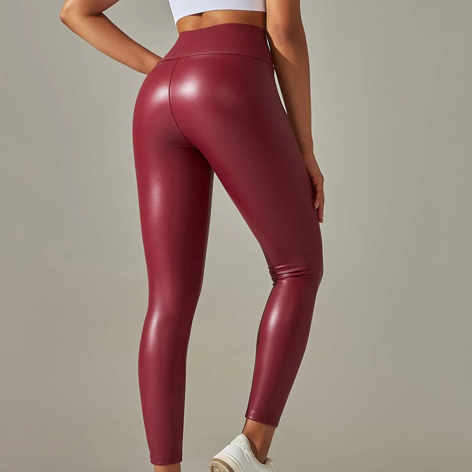 Faux Leather Leggings for Women Plus Size High Waist Pleather Pants Casual Slim Fit Elastic Waist Tights Trousers