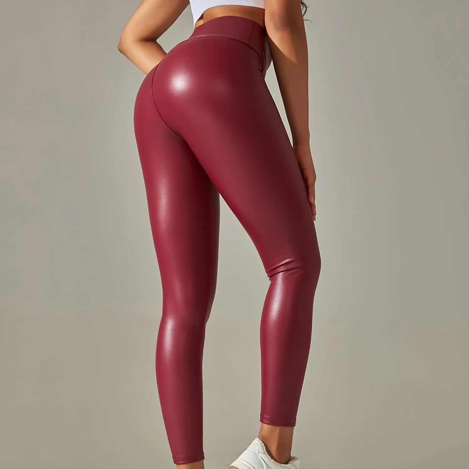 Faux Leather Leggings for Women Plus Size High Waist Pleather Pants Casual Slim Fit Elastic Waist Tights Trousers