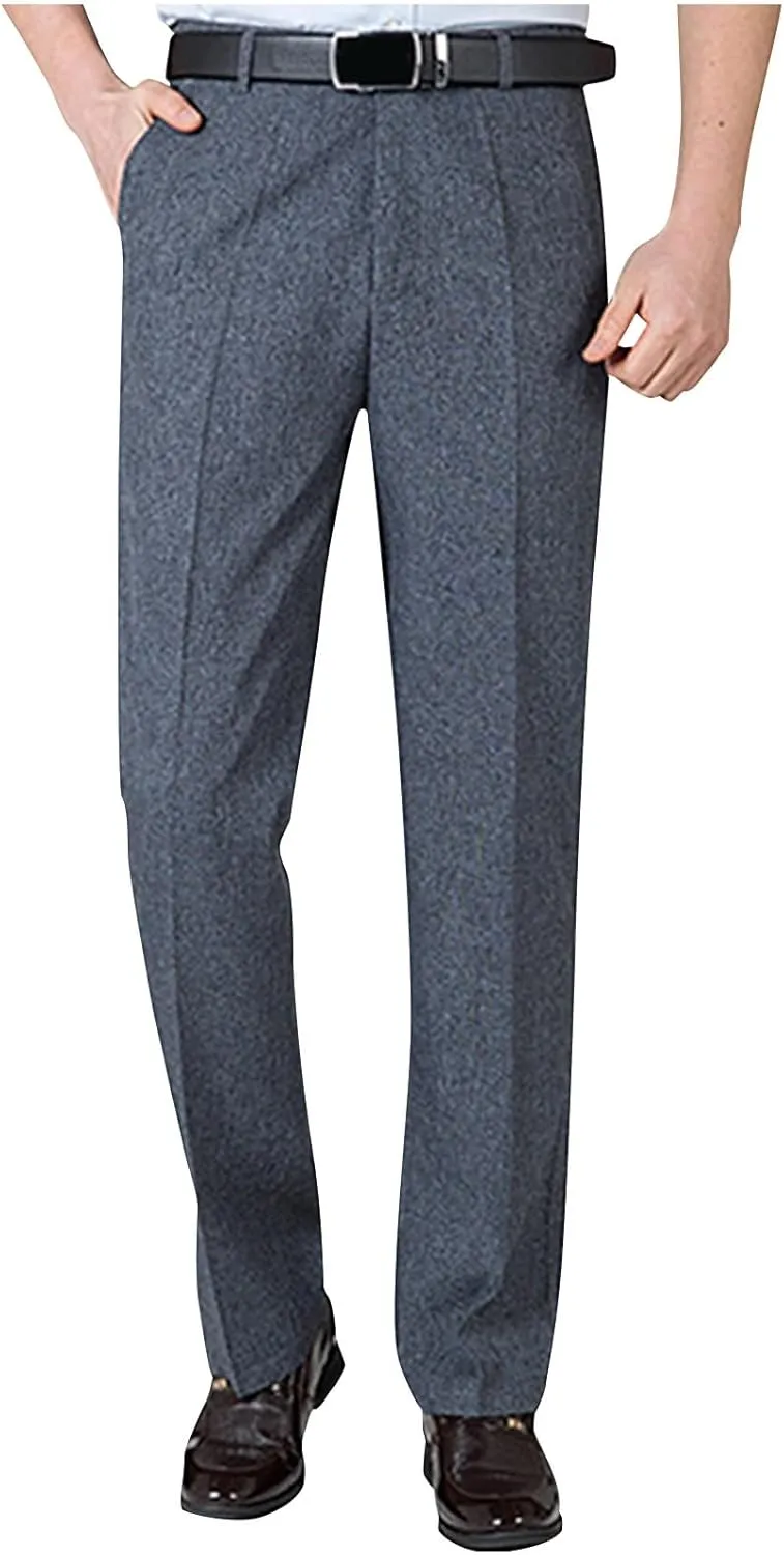 Finelylove Men's Linen Dress Pants Pleated Front Vintage Dress Pants Flex Twill Chino Pants Regular Fit Straight Leg