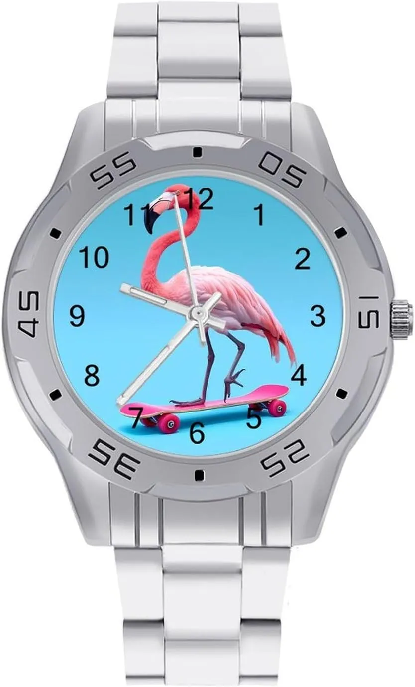 Flamingo on Skateboard Men's Business Watch Fashion Stainless Steel Wristwatches Custom Easy Read Watches for Women