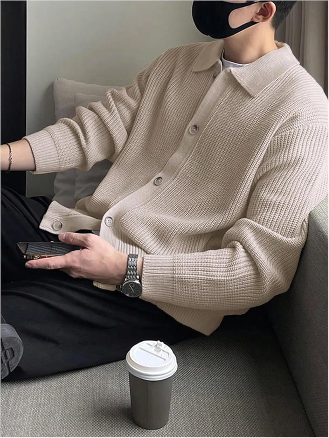 Floerns Men's Long Sleeve Button Down Lapel Collar Drop Shoulder Cardigan Sweater