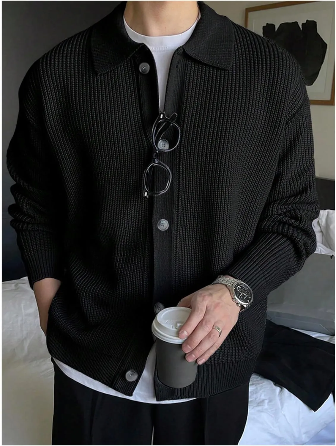 Floerns Men's Long Sleeve Button Down Lapel Collar Drop Shoulder Cardigan Sweater