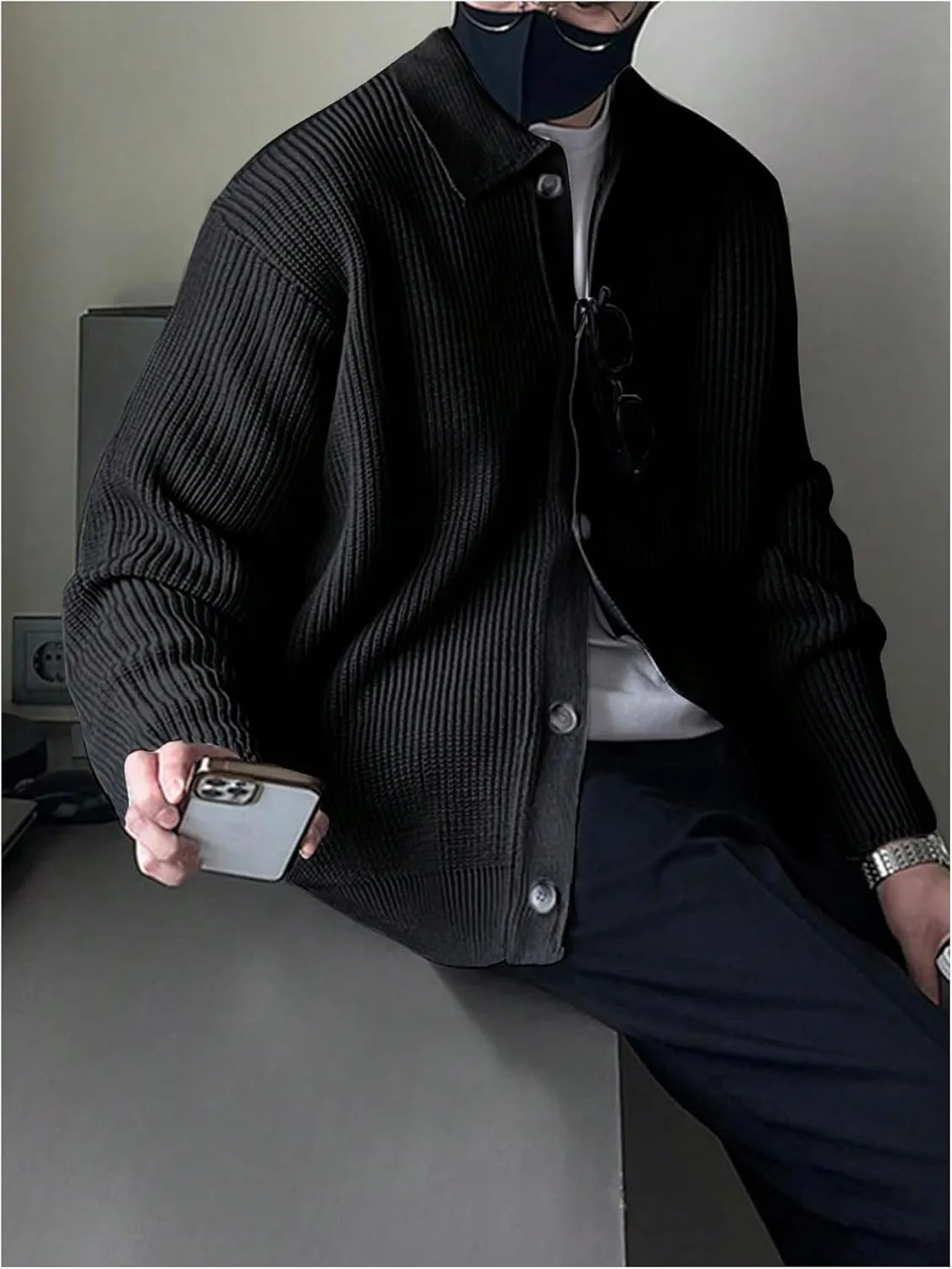 Floerns Men's Long Sleeve Button Down Lapel Collar Drop Shoulder Cardigan Sweater