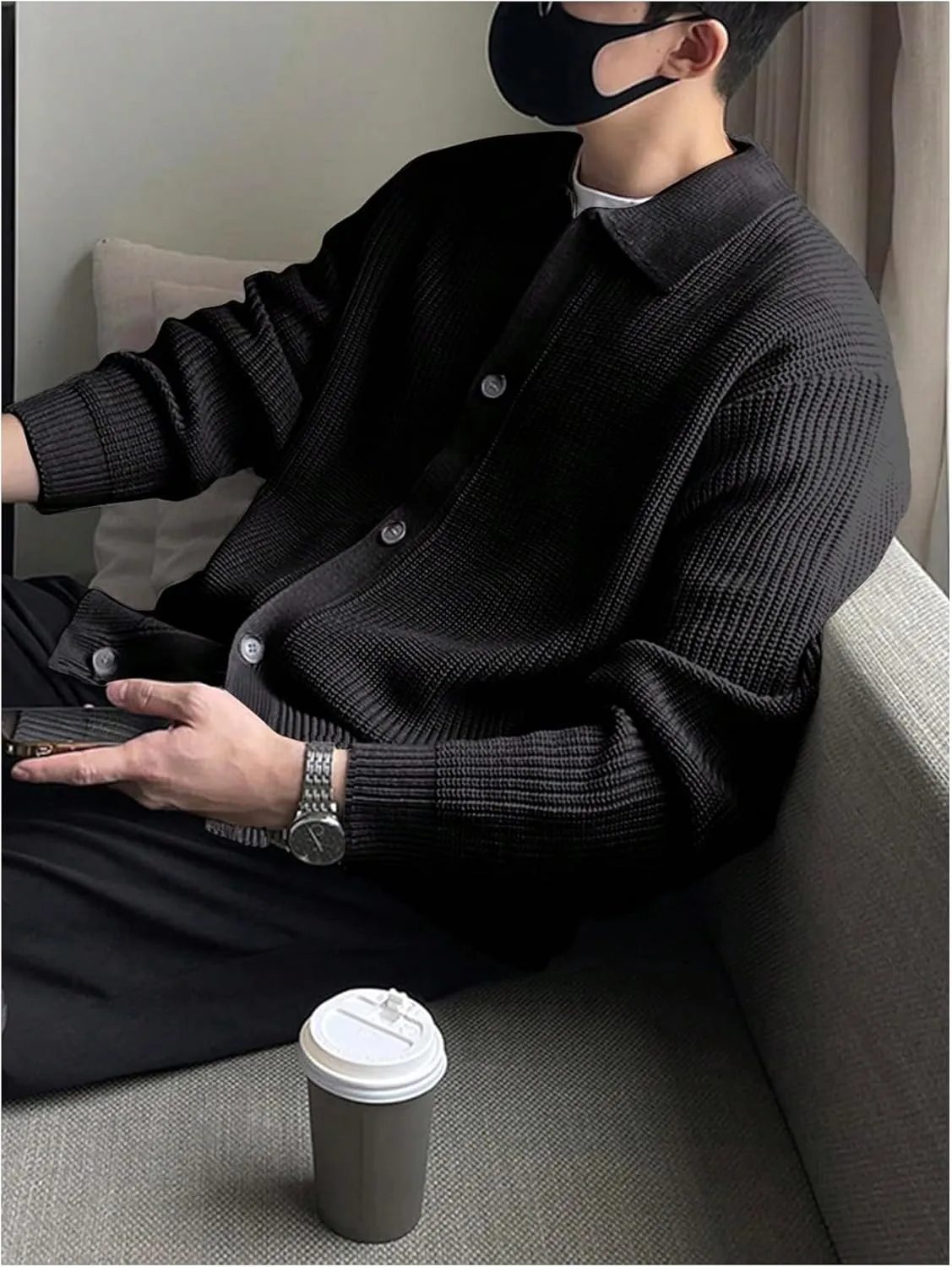 Floerns Men's Long Sleeve Button Down Lapel Collar Drop Shoulder Cardigan Sweater