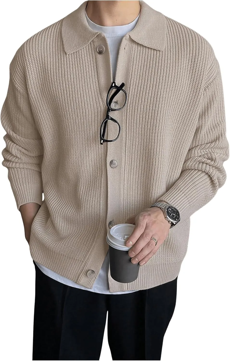 Floerns Men's Long Sleeve Button Down Lapel Collar Drop Shoulder Cardigan Sweater