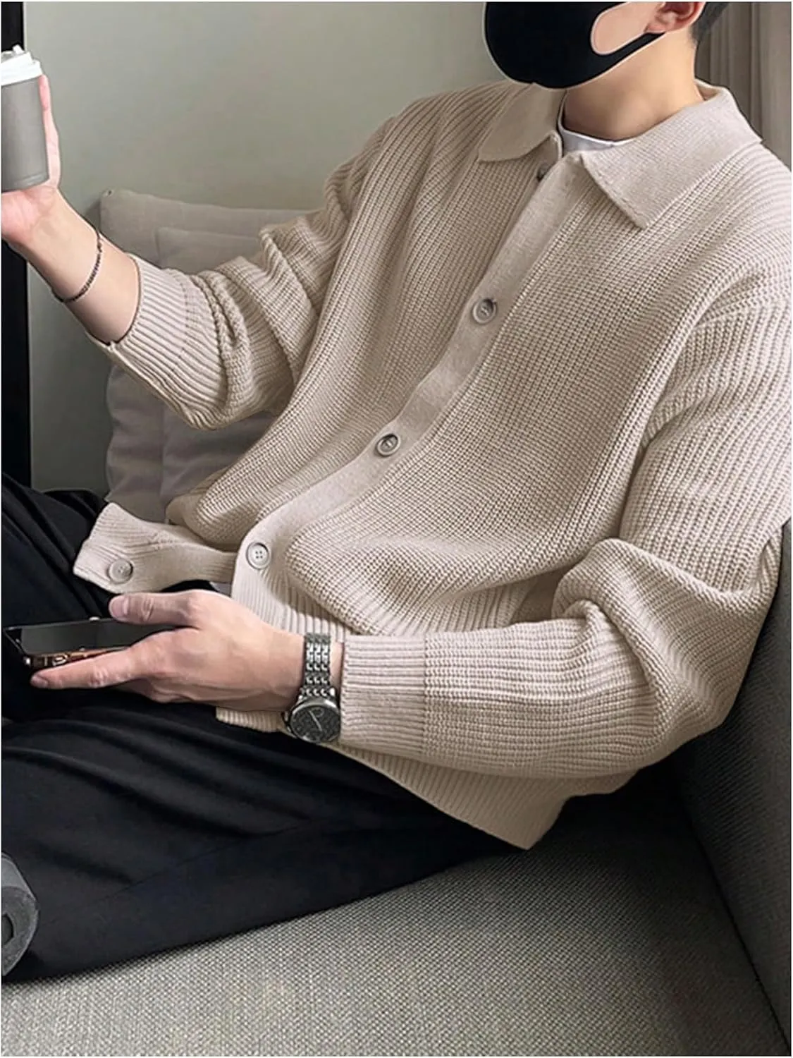 Floerns Men's Long Sleeve Button Down Lapel Collar Drop Shoulder Cardigan Sweater