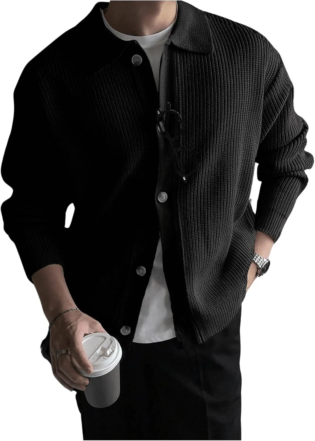 Floerns Men's Long Sleeve Button Down Lapel Collar Drop Shoulder Cardigan Sweater