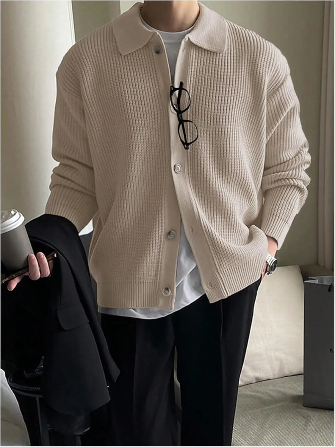 Floerns Men's Long Sleeve Button Down Lapel Collar Drop Shoulder Cardigan Sweater