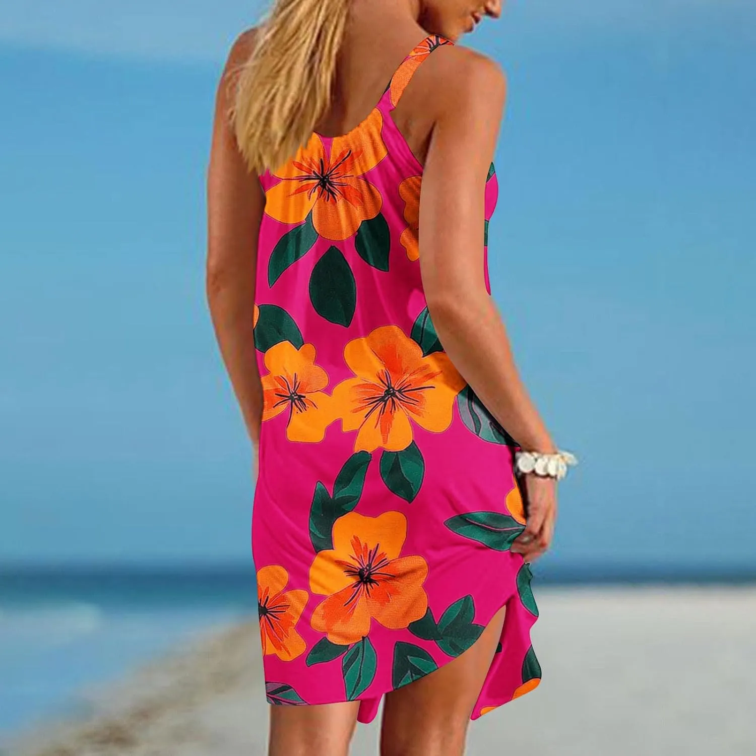 Floral Printed Midi Tank Dress for Women Sleeveless Summer Boho Dresses Loose Fit Beach Cover Ups Sundress