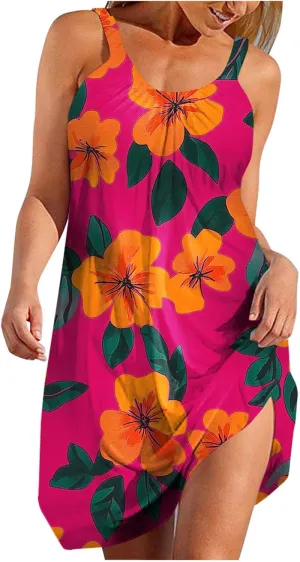 Floral Printed Midi Tank Dress for Women Sleeveless Summer Boho Dresses Loose Fit Beach Cover Ups Sundress