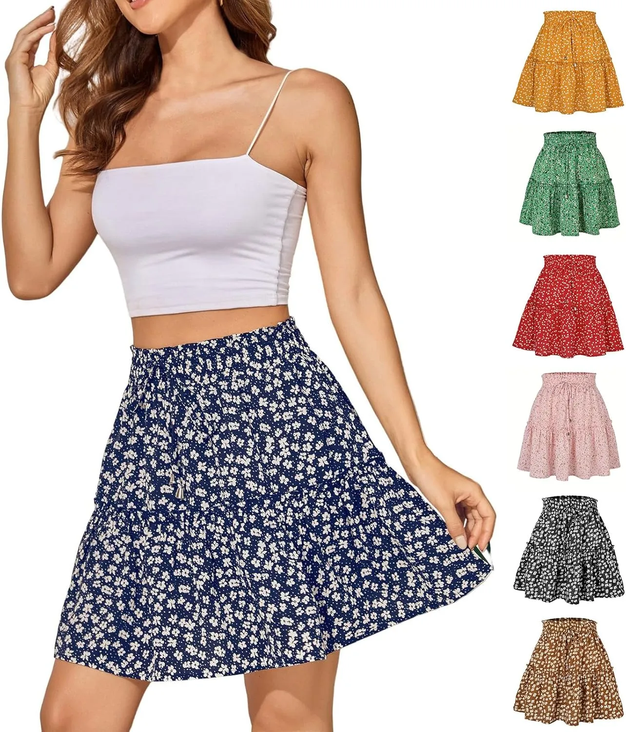 Floral Skorts for Woman Drawstring High Waist Mini Skirts Summer Tiered Flowy Pleated Boho Beach A Line Short Skorts