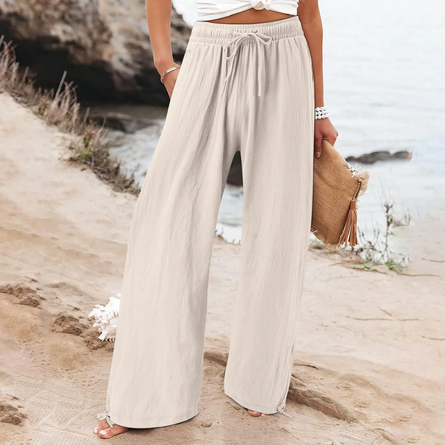 Flowy Pants for Women, Women Linen Palazzo Pants Summer Boho Wide Leg High Waist Casual Lounge Pant Trousers