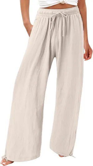 Flowy Pants for Women, Women Linen Palazzo Pants Summer Boho Wide Leg High Waist Casual Lounge Pant Trousers