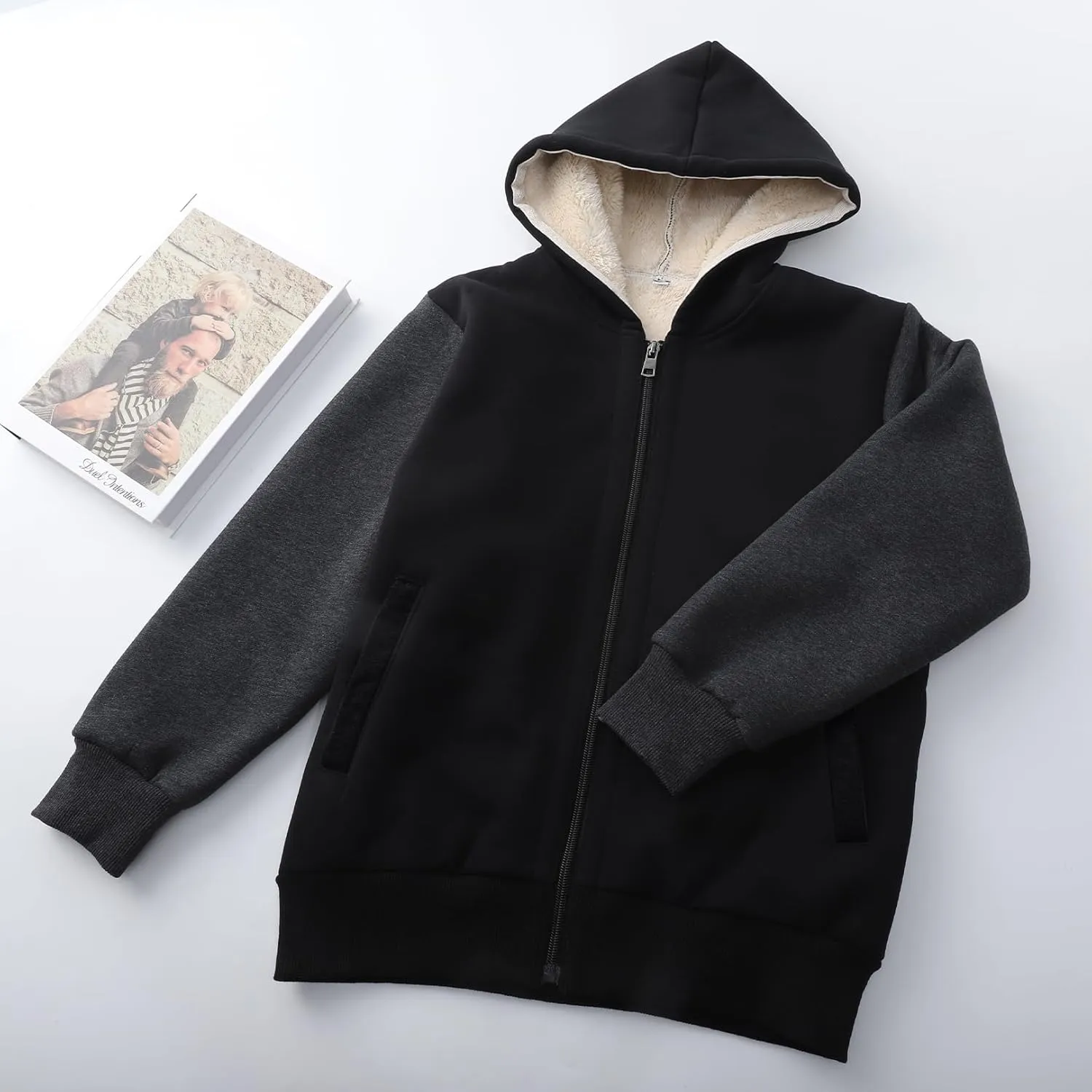 Flygo Unisex Boys Girls Fleece Jacket Hoodie Sherpa Lined Zip Up Hooded Sweatshirt Kids Winter Jackets 5-15Y