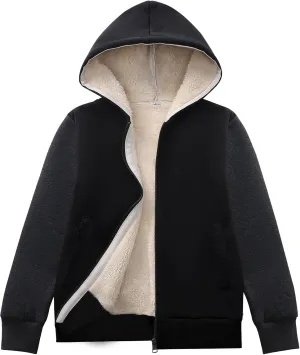 Flygo Unisex Boys Girls Fleece Jacket Hoodie Sherpa Lined Zip Up Hooded Sweatshirt Kids Winter Jackets 5-15Y