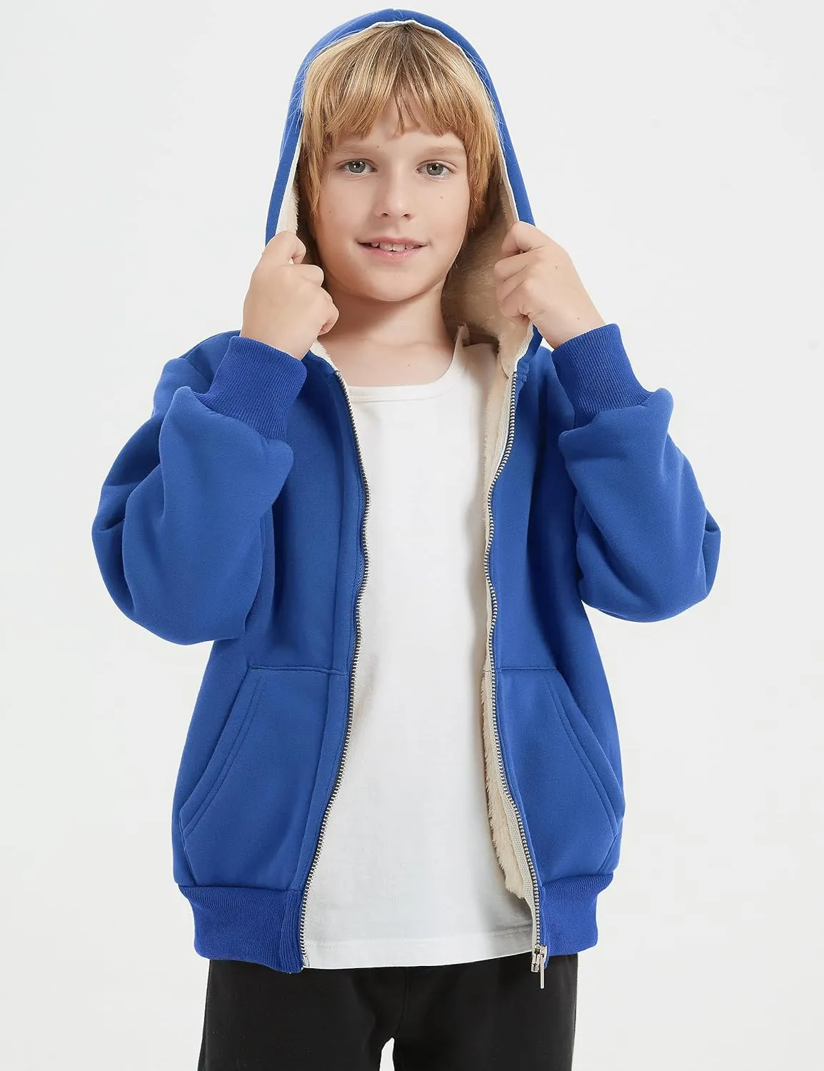 Flygo Unisex Boys Girls Fleece Jacket Hoodie Sherpa Lined Zip Up Hooded Sweatshirt Kids Winter Jackets 5-15Y