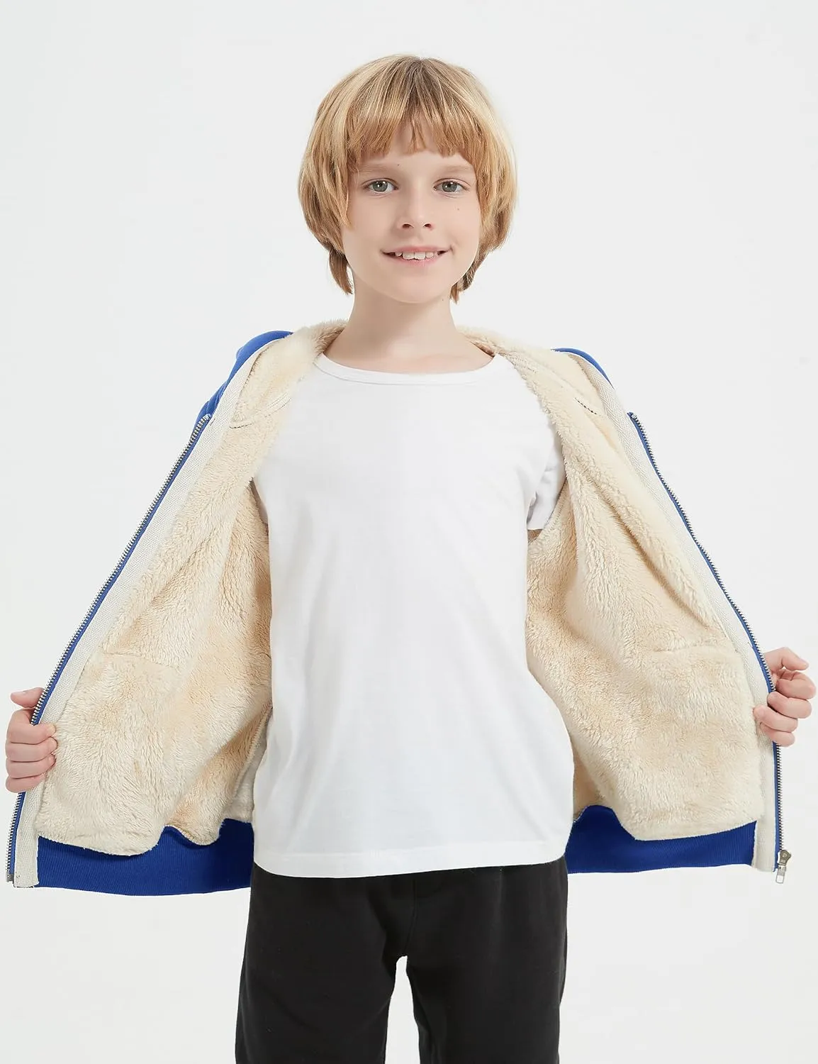 Flygo Unisex Boys Girls Fleece Jacket Hoodie Sherpa Lined Zip Up Hooded Sweatshirt Kids Winter Jackets 5-15Y