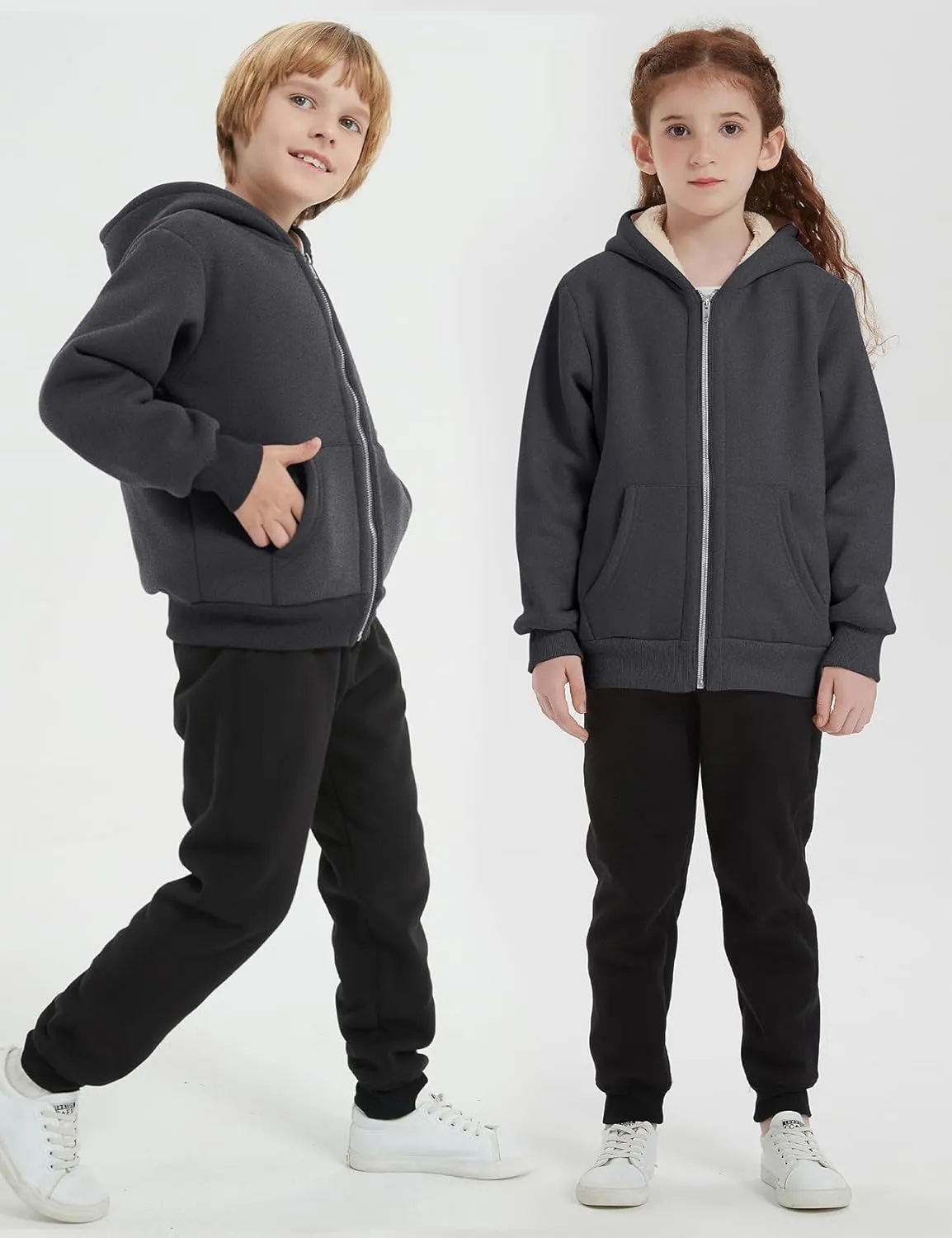 Flygo Unisex Boys Girls Fleece Jacket Hoodie Sherpa Lined Zip Up Hooded Sweatshirt Kids Winter Jackets 5-15Y