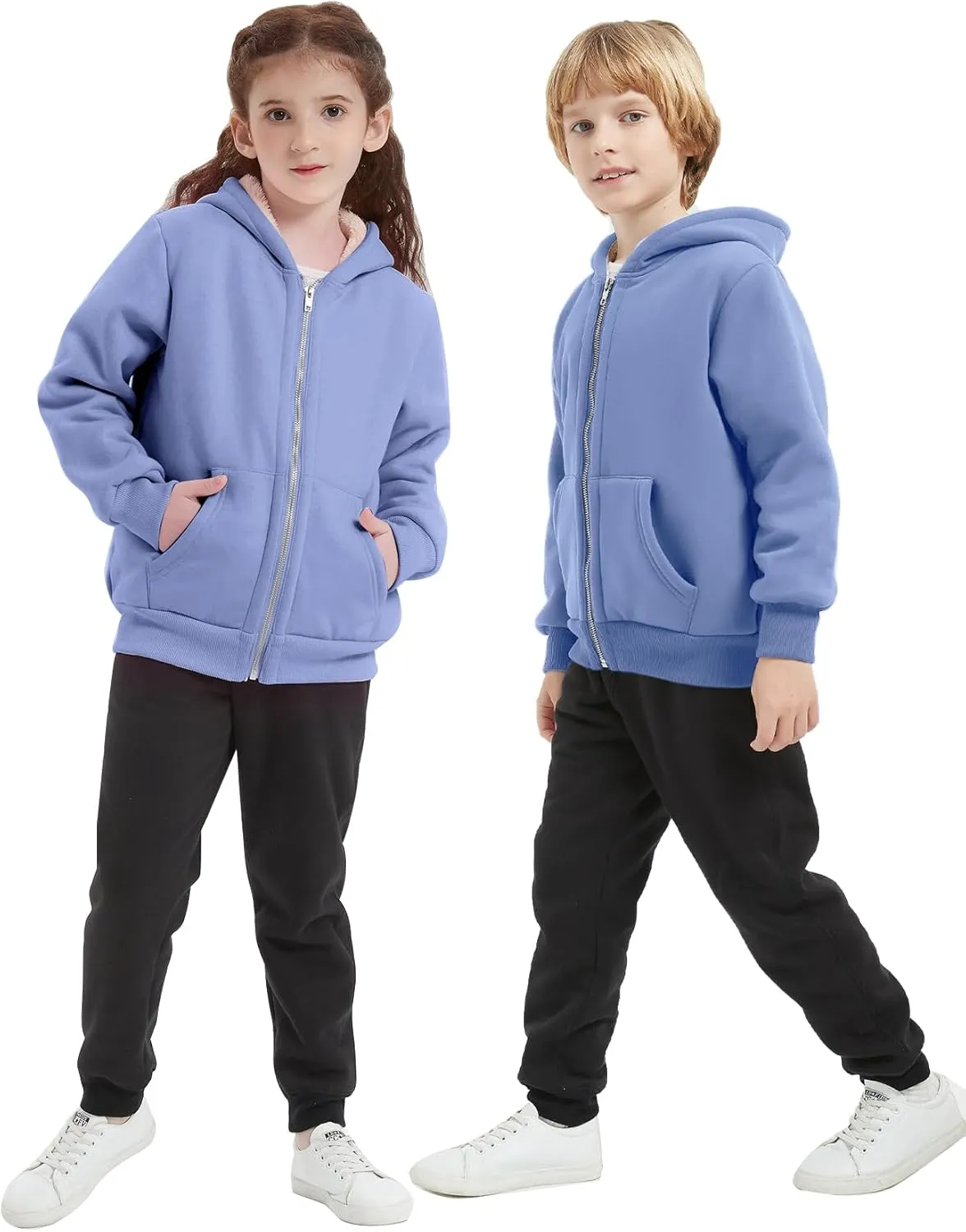 Flygo Unisex Boys Girls Fleece Jacket Hoodie Sherpa Lined Zip Up Hooded Sweatshirt Kids Winter Jackets 5-15Y