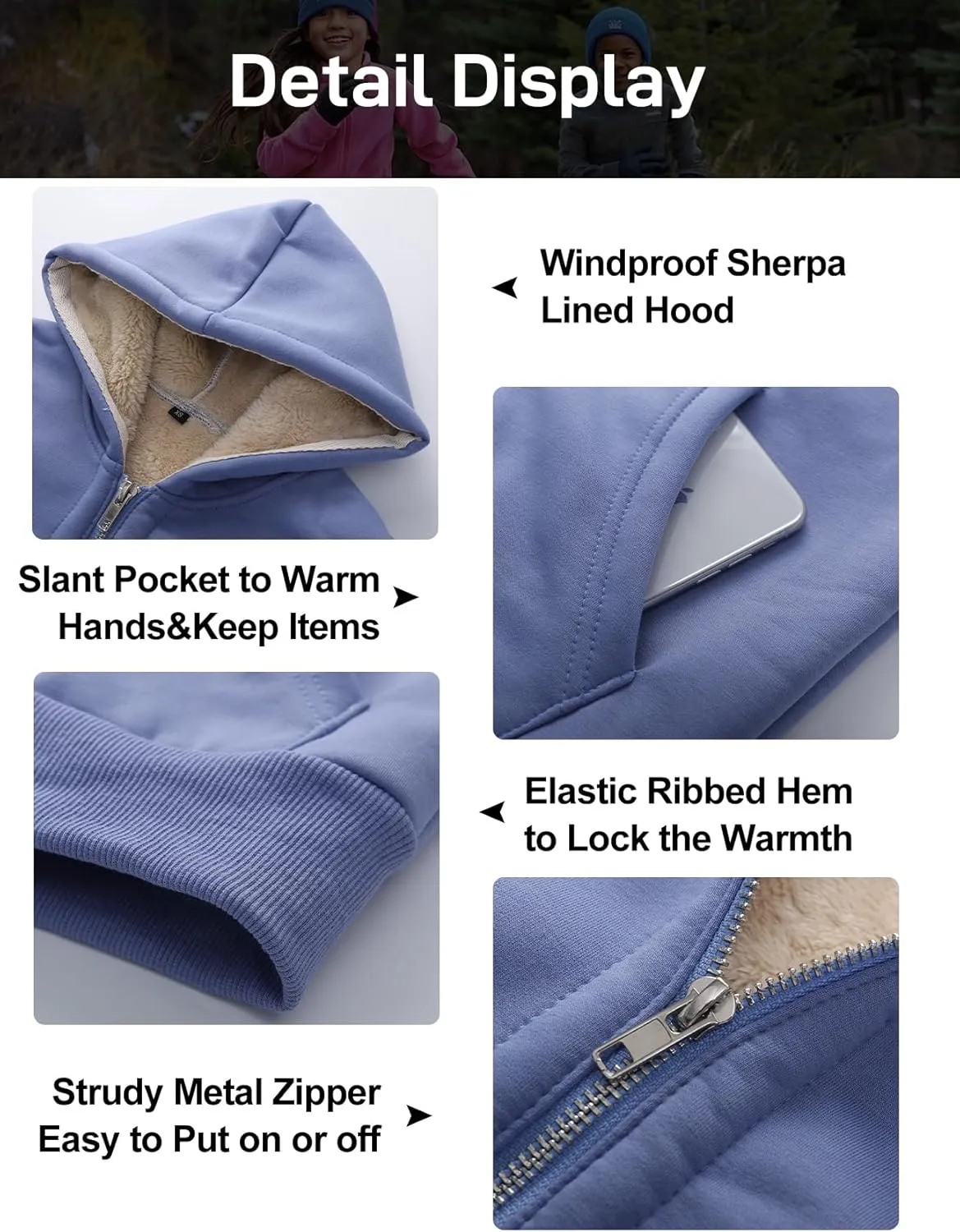 Flygo Unisex Boys Girls Fleece Jacket Hoodie Sherpa Lined Zip Up Hooded Sweatshirt Kids Winter Jackets 5-15Y