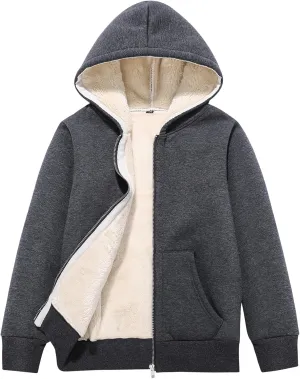 Flygo Unisex Boys Girls Fleece Jacket Hoodie Sherpa Lined Zip Up Hooded Sweatshirt Kids Winter Jackets 5-15Y