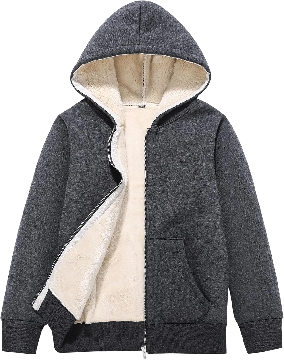 Flygo Unisex Boys Girls Fleece Jacket Hoodie Sherpa Lined Zip Up Hooded Sweatshirt Kids Winter Jackets 5-15Y