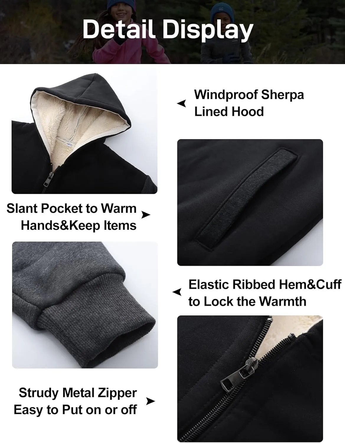 Flygo Unisex Boys Girls Fleece Jacket Hoodie Sherpa Lined Zip Up Hooded Sweatshirt Kids Winter Jackets 5-15Y