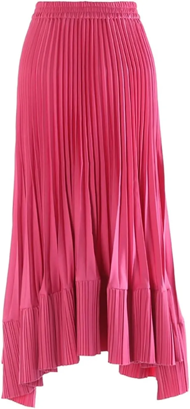 Fnfmrfmr Women High Elastic Waist Irregular Pleated Flower Skirt Solid Color Casual Midi Length Skirt