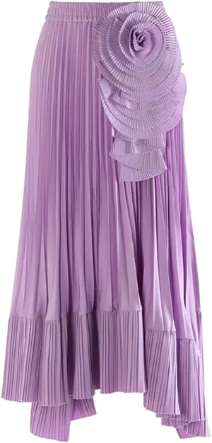 Fnfmrfmr Women High Elastic Waist Irregular Pleated Flower Skirt Solid Color Casual Midi Length Skirt