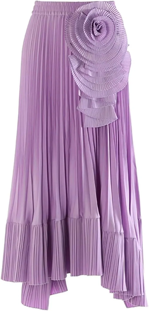 Fnfmrfmr Women High Elastic Waist Irregular Pleated Flower Skirt Solid Color Casual Midi Length Skirt