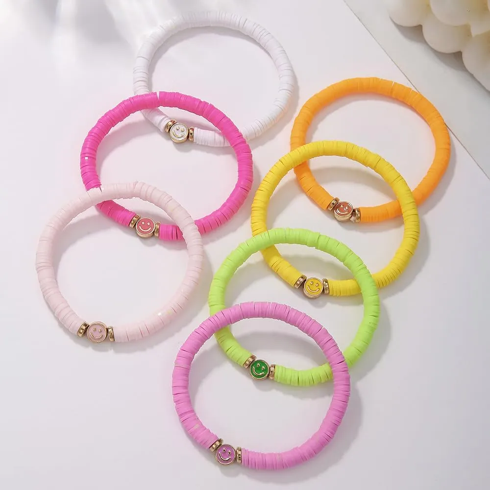 Friendship Bracelets for Women - Heishi Surfer Colorful Smile Evil Eye Clay Beaded Stretch Bracelets Elastic Layering - Stackable Boho Disc Y2K Aesthetic Summer Jewelry Set.